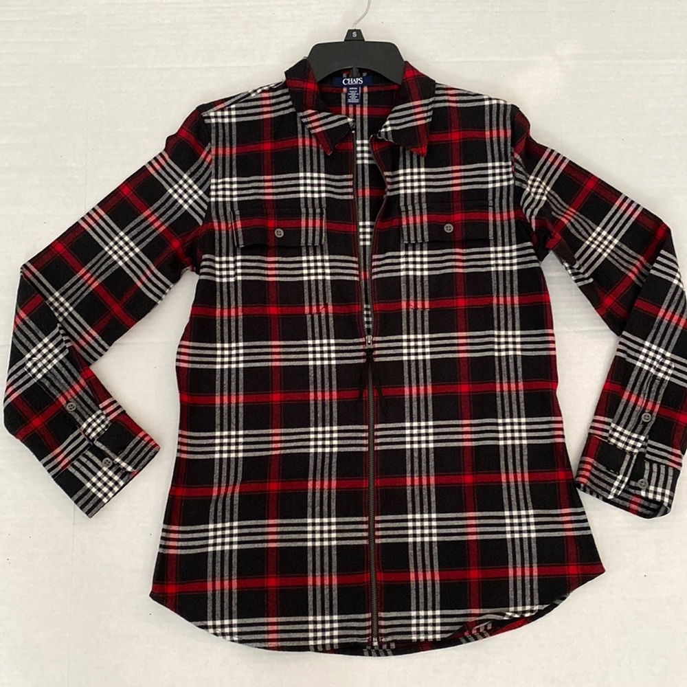 Chaps, size small, black, red and white, plaid shirt. Full zipper.